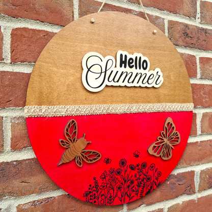 Hello Summer Large Round Wooden Sign — Outdoor Hanging Plaque