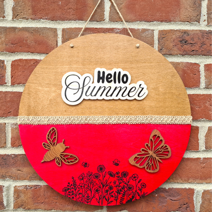 Hello Summer Large Round Wooden Sign — Outdoor Hanging Plaque