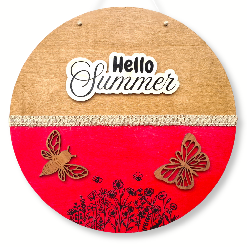 Hello Summer Large Round Wooden Sign — Outdoor Hanging Plaque