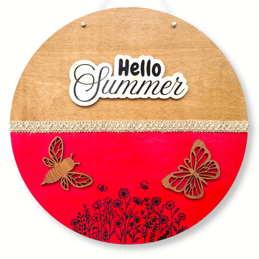 Hello Summer Large Round Wooden Sign — Outdoor Hanging Plaque