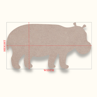 MDF Hippo shape on a light background with arrows showing where the height and width measurements are taken from
