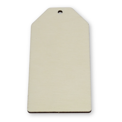 Luggage tag shape cut from 4mm plywood on a white background