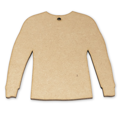 Jumper shape cut from 3mm MDF showing the hole position on a white background