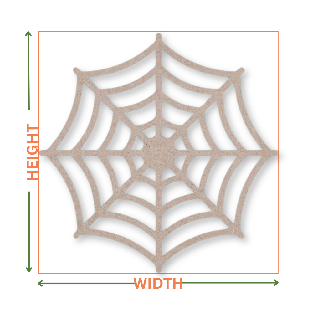 Spiders web shape on a white background with arrows showing where the height and width measurements are taken from.