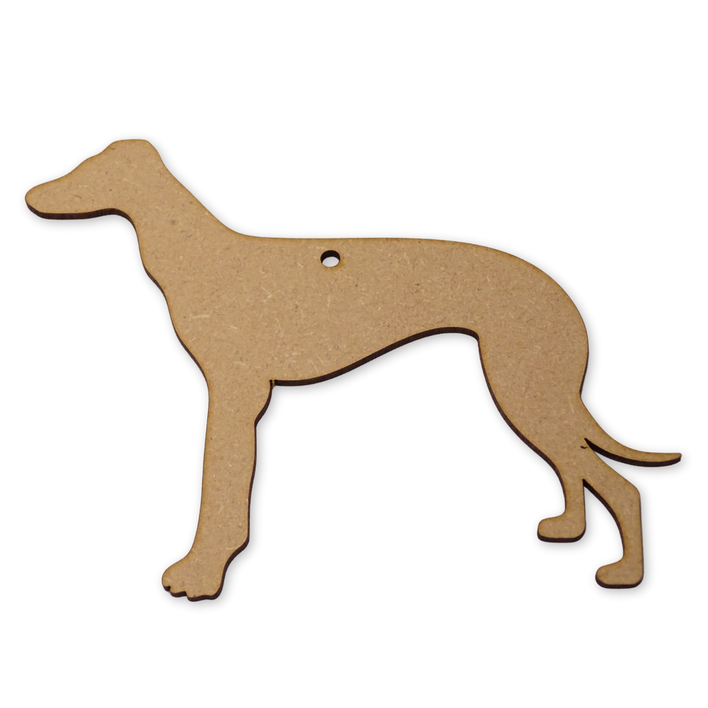 white background with a grey hound dog shape cut from 3mm MDF and showing the hole position.