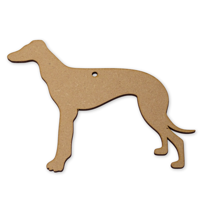 white background with a grey hound dog shape cut from 3mm MDF and showing the hole position.