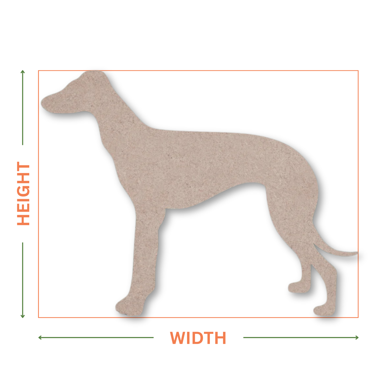 MDF greyhound shape on a white background with arrows showing where the height and width measurements are taken from.
