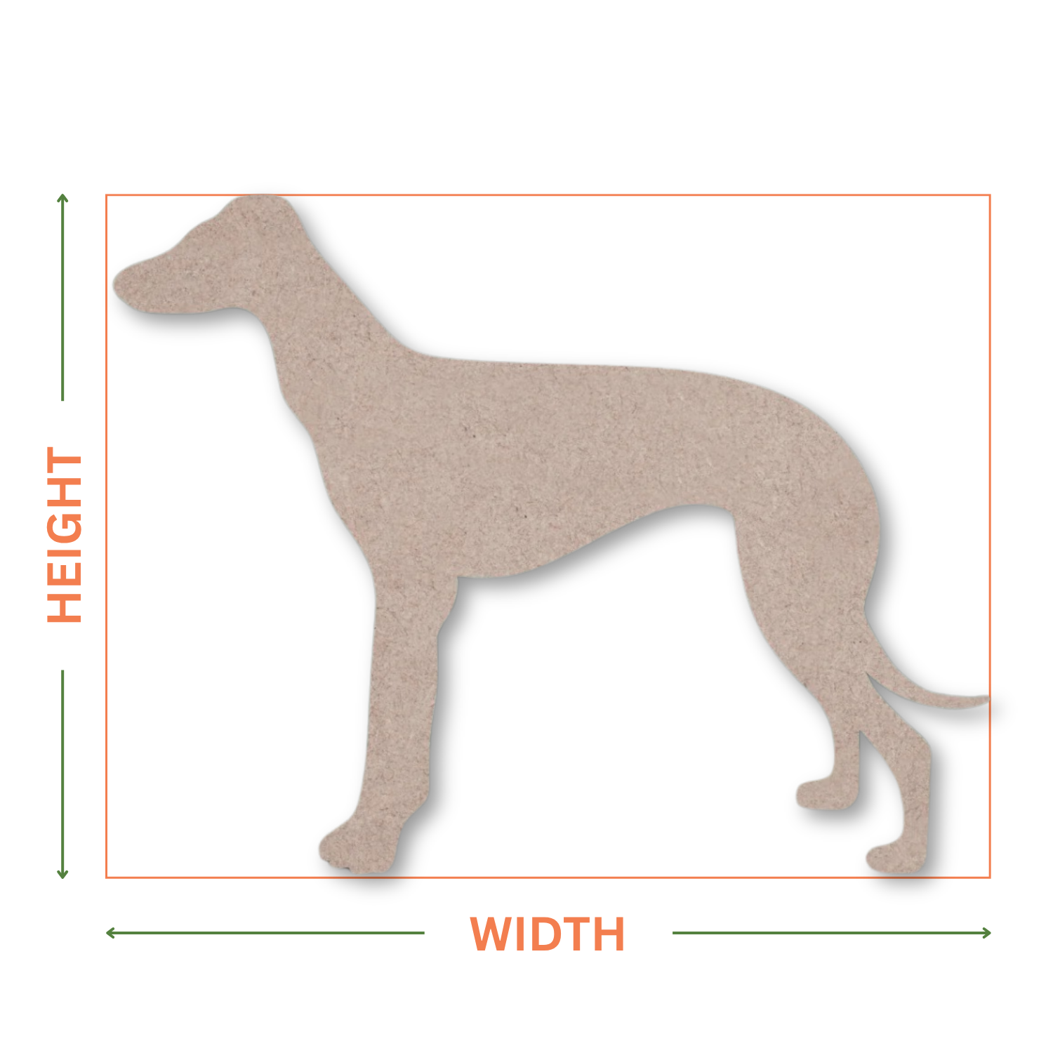 MDF greyhound shape on a white background with arrows showing where the height and width measurements are taken from.