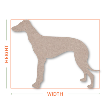 MDF greyhound shape on a white background with arrows showing where the height and width measurements are taken from.