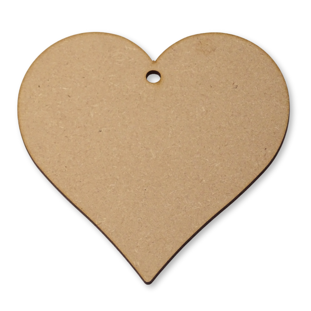 Heart shape with a hole cut from 3mm thick MDF on a white background.