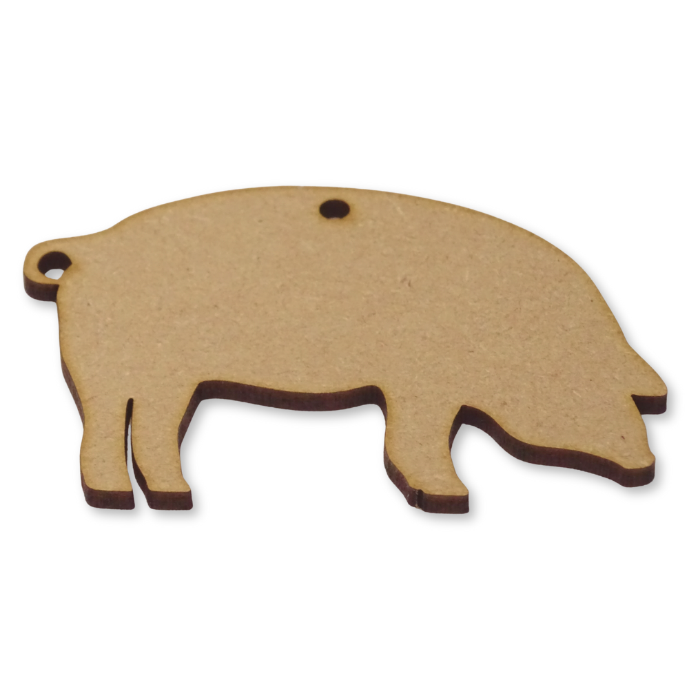 Pig shape cut from 3mm mdf, showing the position of the hanging hole.