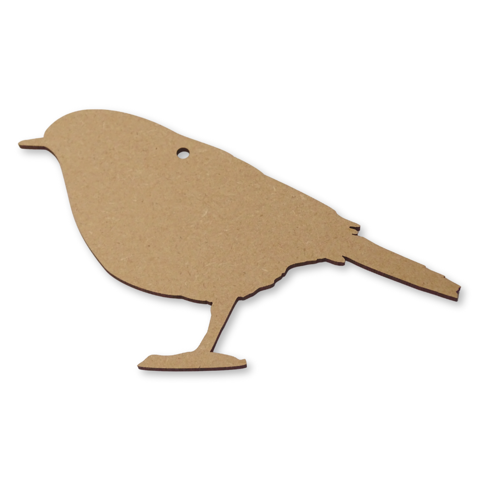 Robin shape cut from 3mm thick MDF on a white background. Showing the position of the hole