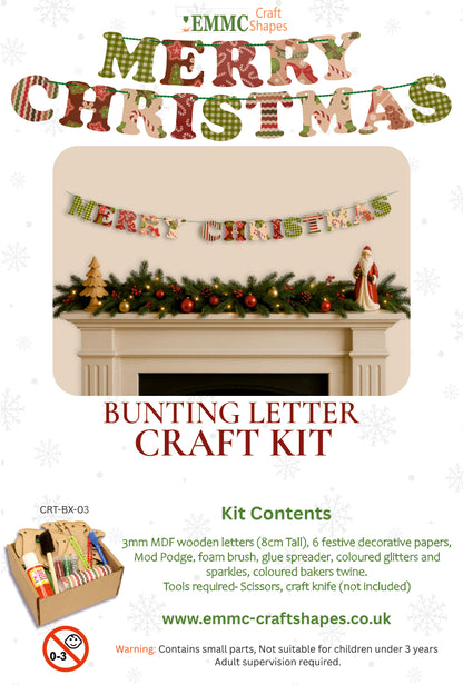 Advertisement for a 'Merry Christmas' bunting letter craft kit with decorative elements on a fireplace.