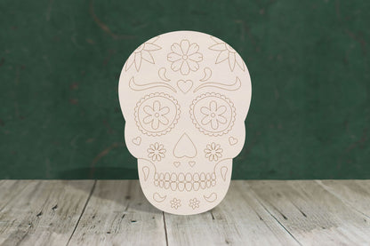 Day of the dead style Halloween skull with etched detail - 4mm plywood