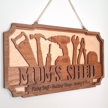 Mum's Shed Layered Wooden Sign — Tools Wall Sign for Mum