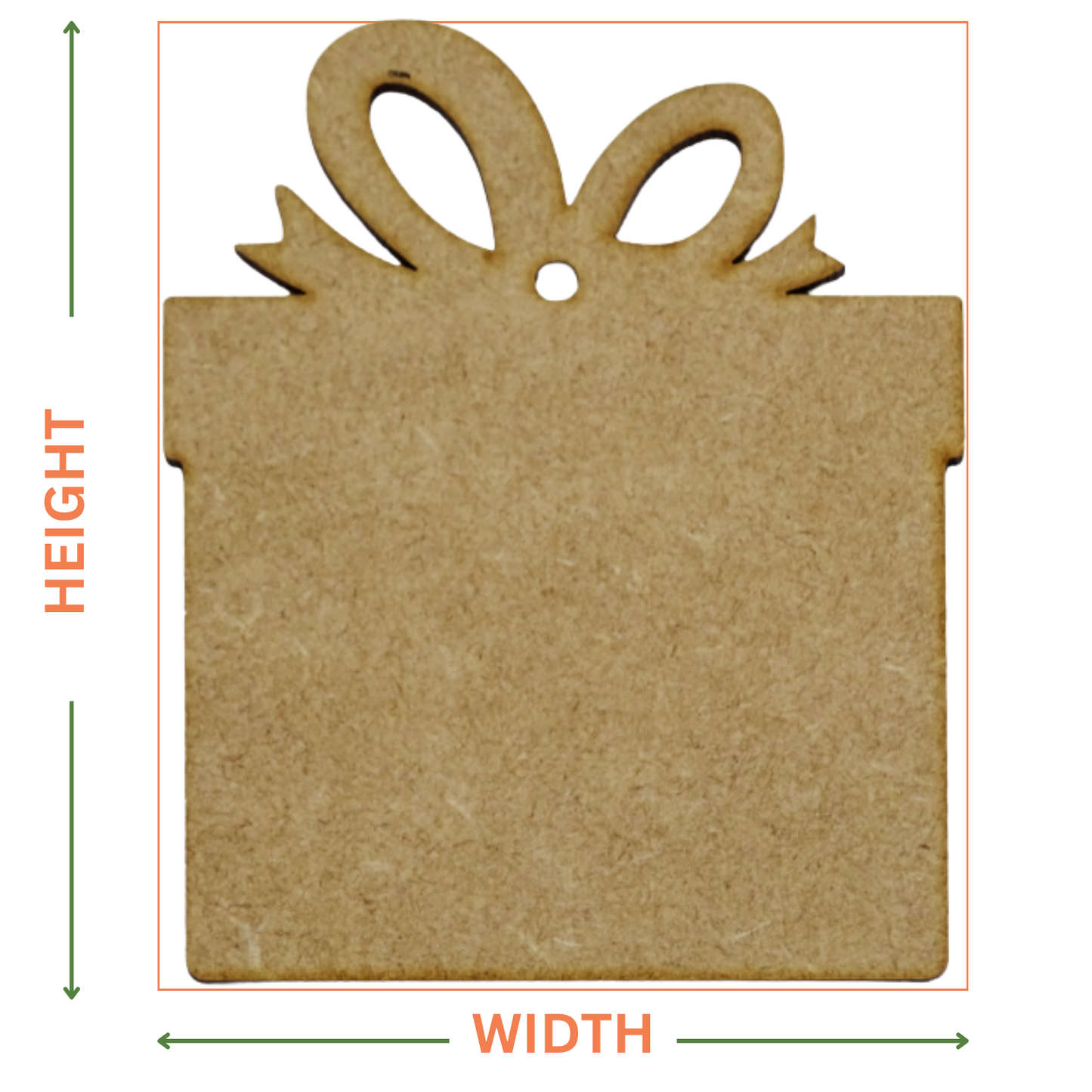 Thin MDF present shape on a white background with arrows showing where the height and width measurements are taken from