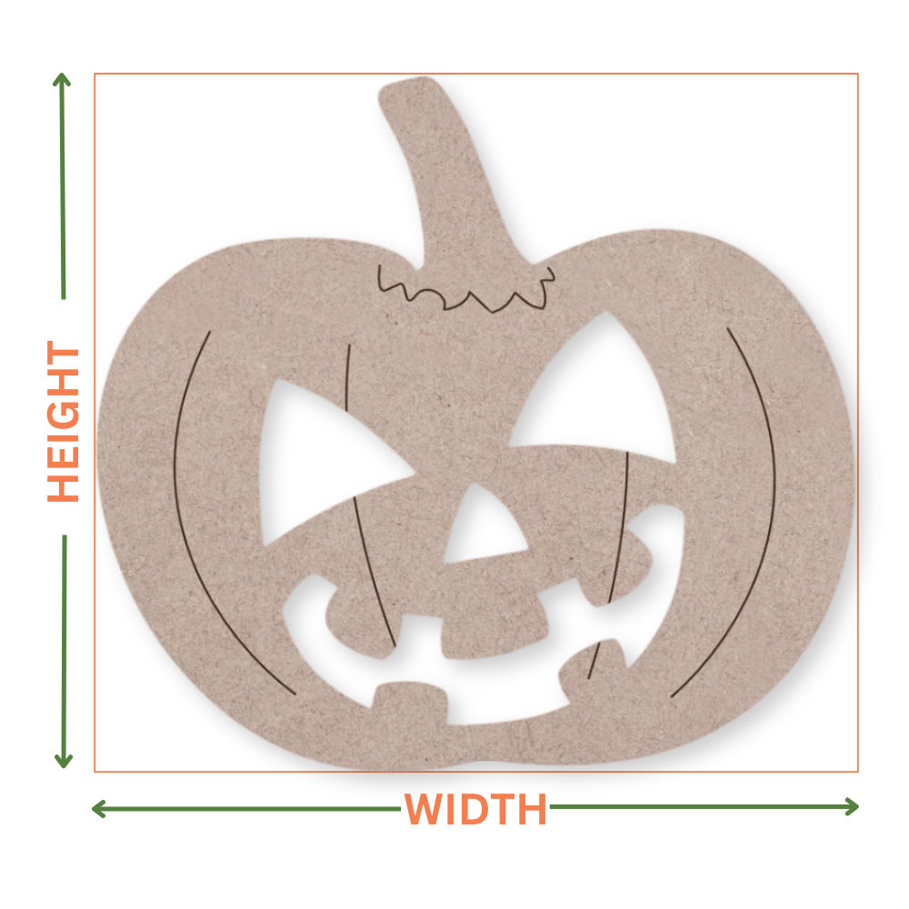 MDF pumpkin shape with a halloween type face cut-out shape on a white background with arrows showing where the height and width measurements are taken from.