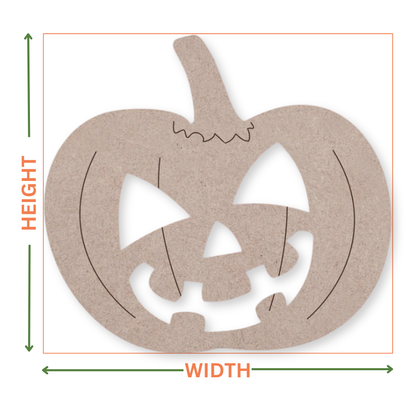 MDF pumpkin shape with a halloween type face cut-out shape on a white background with arrows showing where the height and width measurements are taken from.