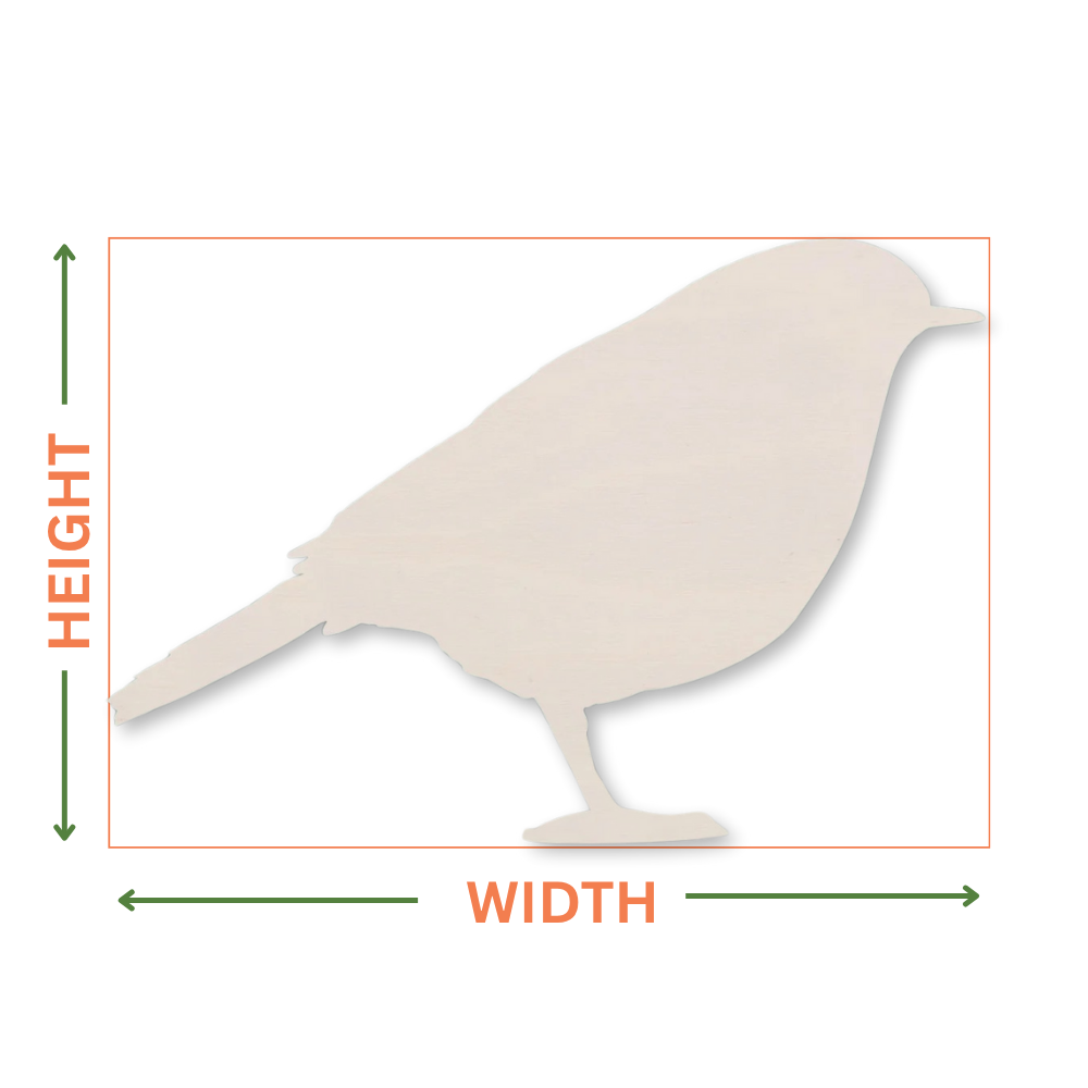 Robin shaped cut-out on white background with arrows showing where the sizes are taken from