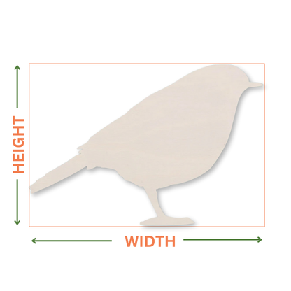 Robin shaped cut-out on white background with arrows showing where the sizes are taken from