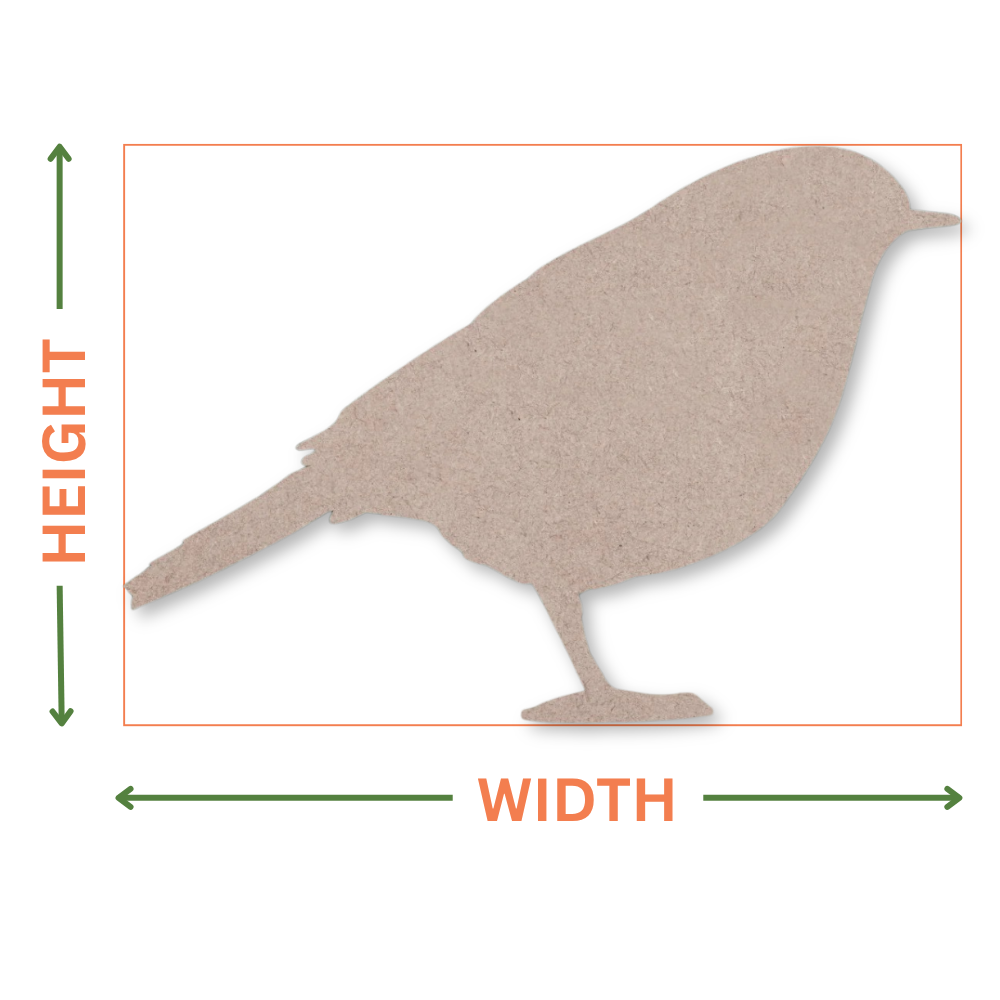 MDF Robin shape on a white background with arrows showing where the height and width measurements are taken from