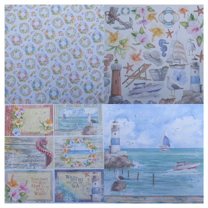 Collage of nautical-themed paper designs with lighthouses, boats, and floral patterns.