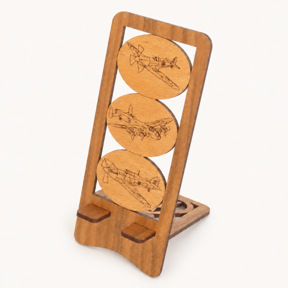 A wooden airplane-themed stand with three oval wooden panels engraved with different vintage airplane designs, displayed on a clean white background.