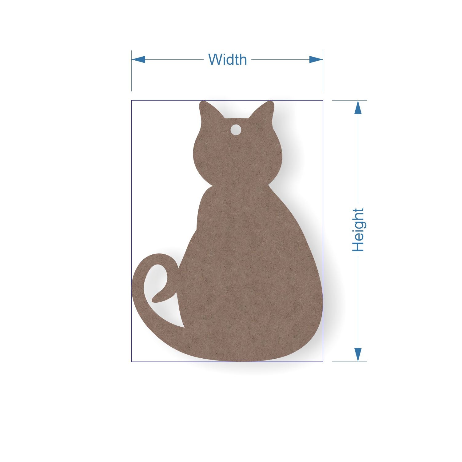 2mm thick MDF cut-out of a cat silhouette with measurements on a white background