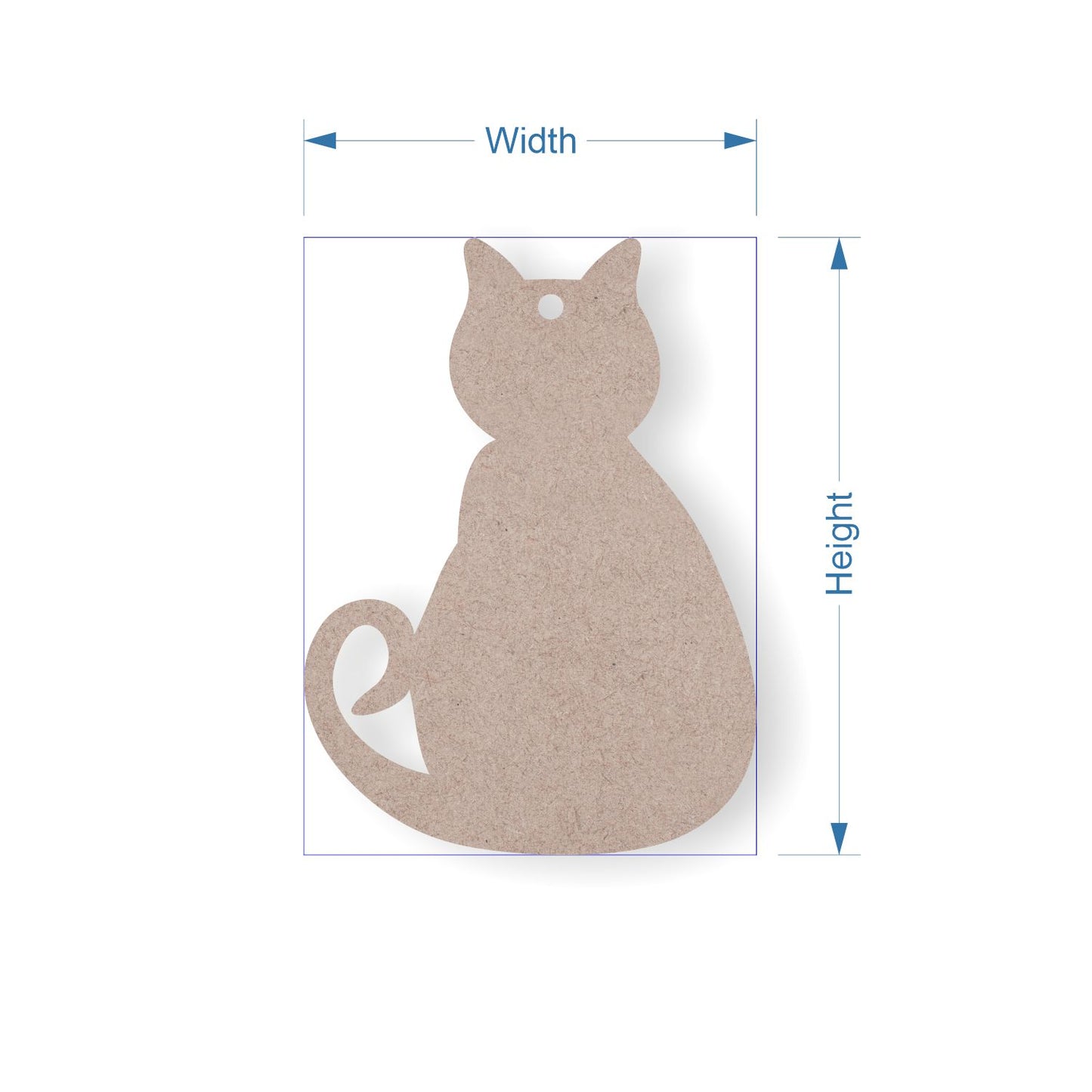 MDF cut-out of a cat shape with measurements labelled on a white background