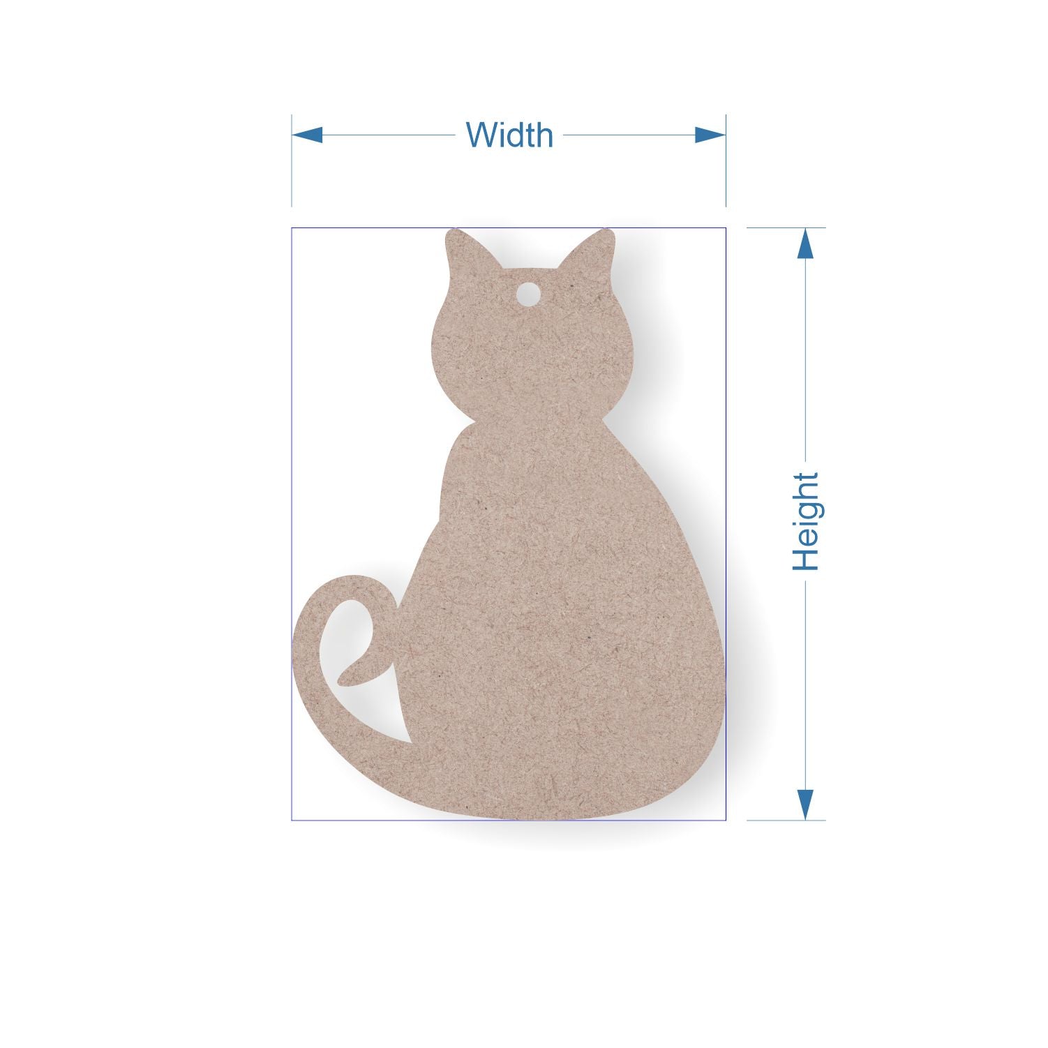 MDF cut-out of a cat shape with measurements labelled on a white background