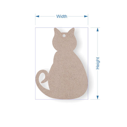 MDF cut-out of a cat shape with measurements labelled on a white background