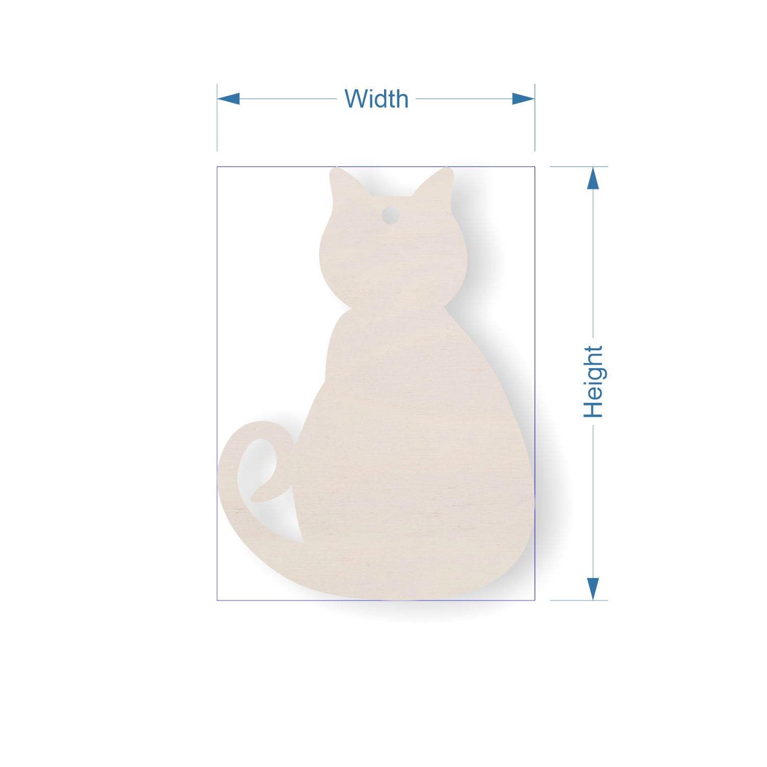 plywood cat-shaped cut-out with measurements labelled on a white background