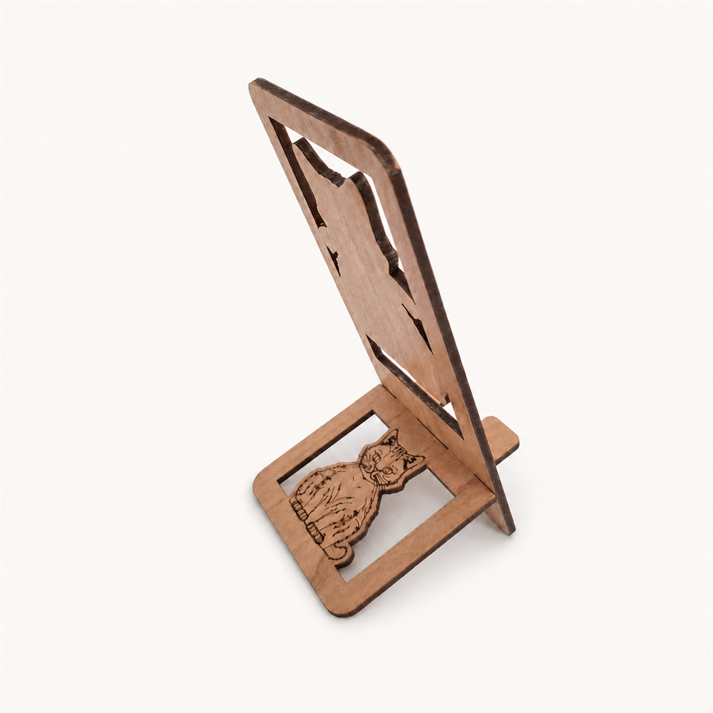 A wooden stand with a laser-cut design, featuring a small cat figure on the base, shown on a plain light background.