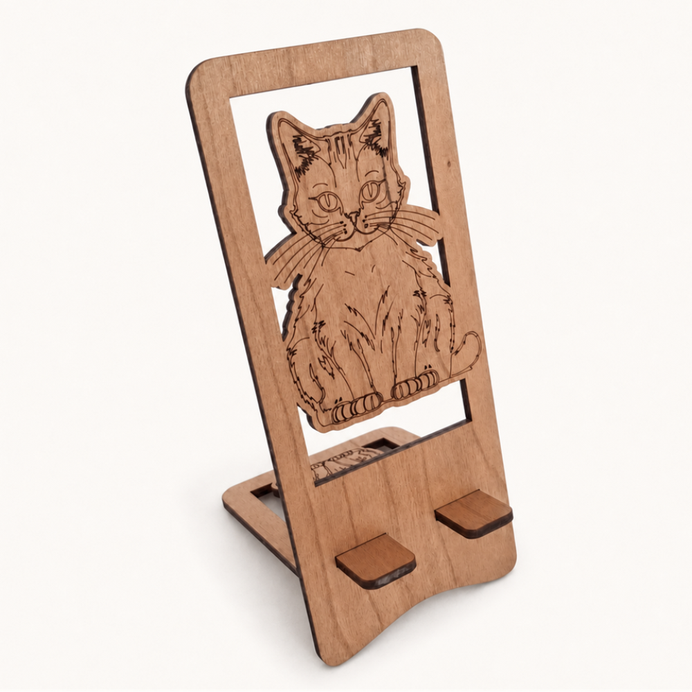 A wooden phone stand with a laser-engraved cat design on the front, shown on a clean off-white background.