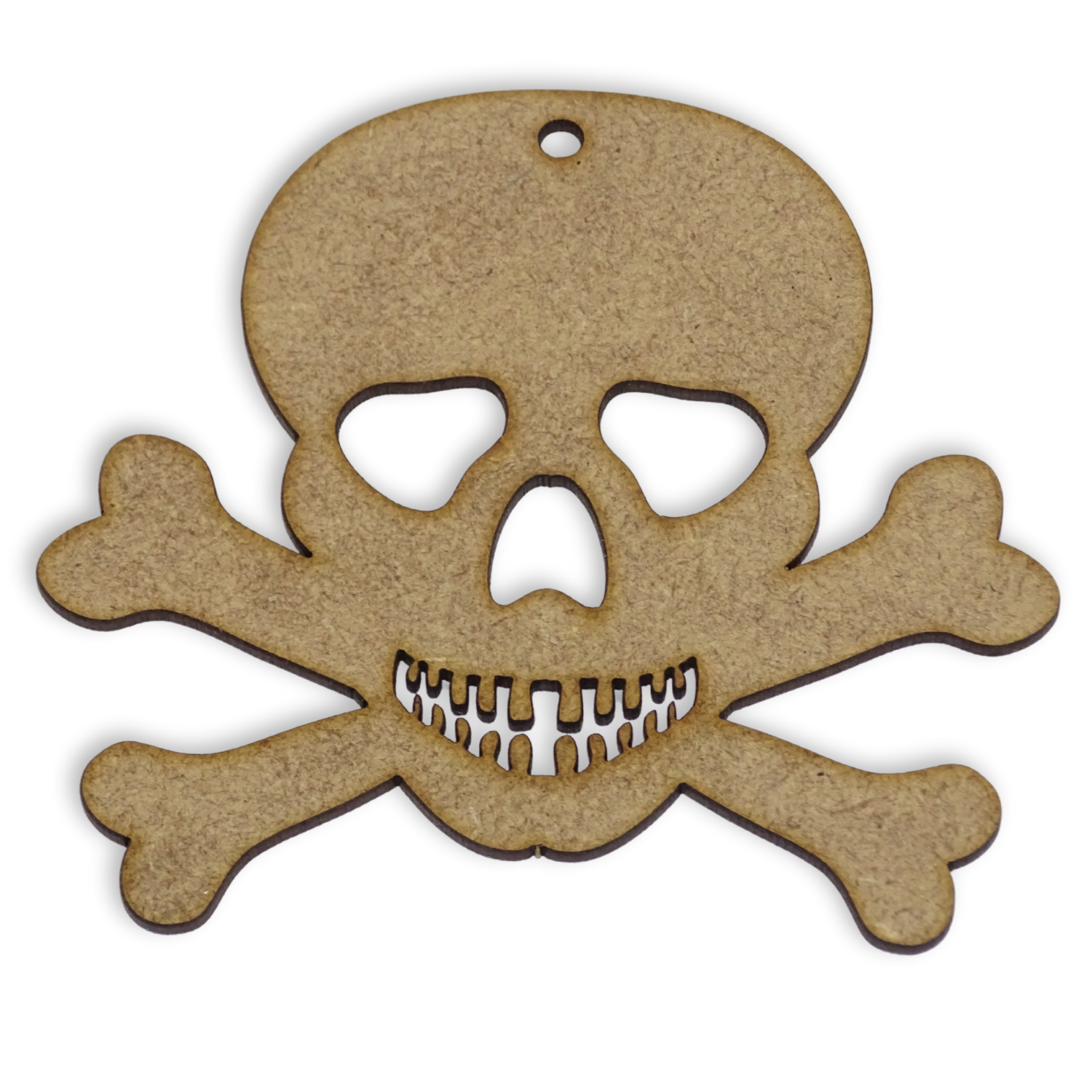 A skull and crossed bones shape cut from brown 2mm mdf on a white background