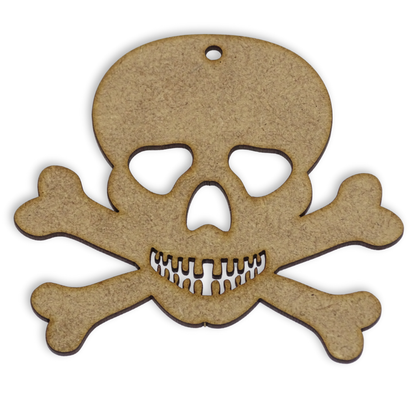 A skull and crossed bones shape cut from brown 2mm mdf on a white background