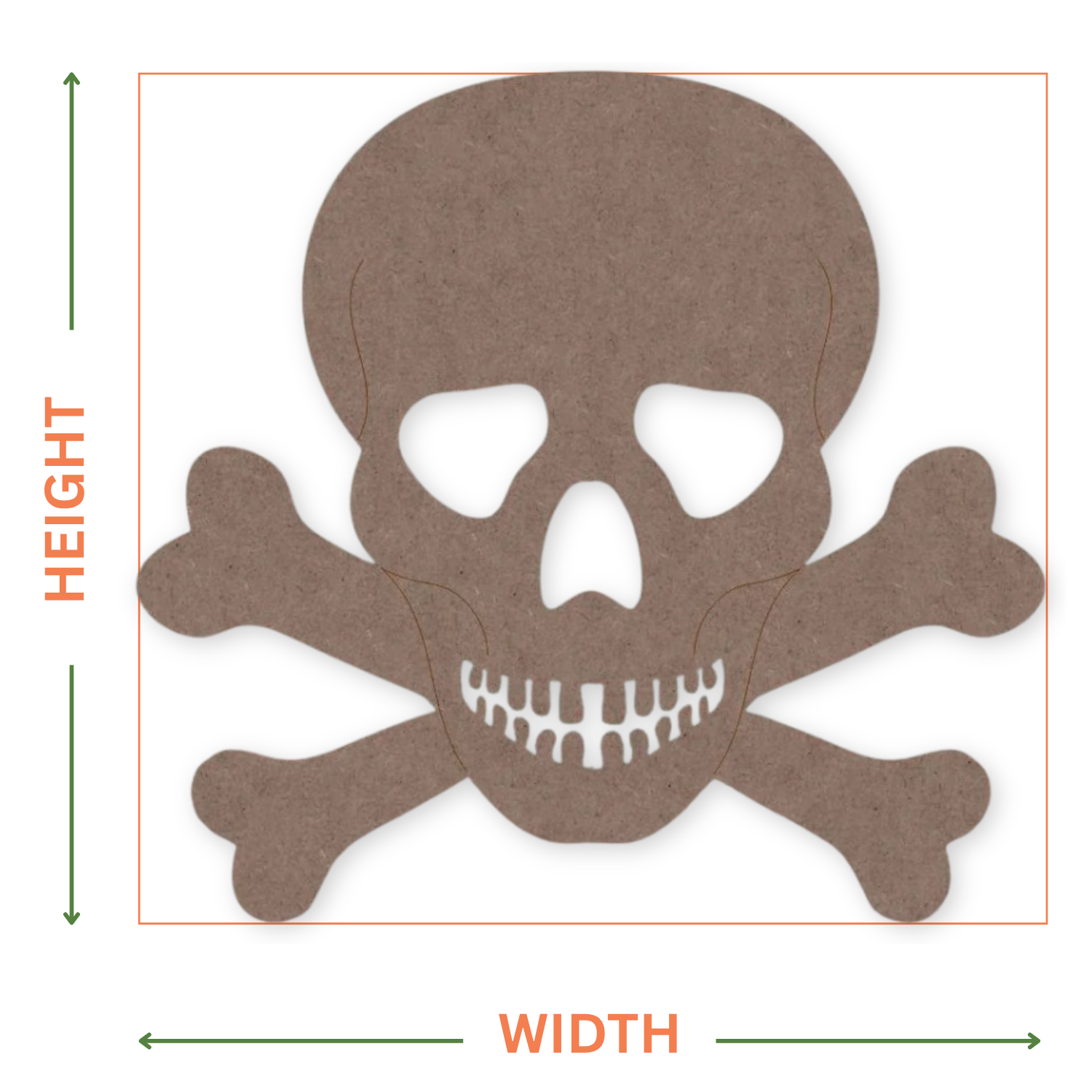 Image that shows where the height and width measurements are taken from on the skull and crossed bones shape.