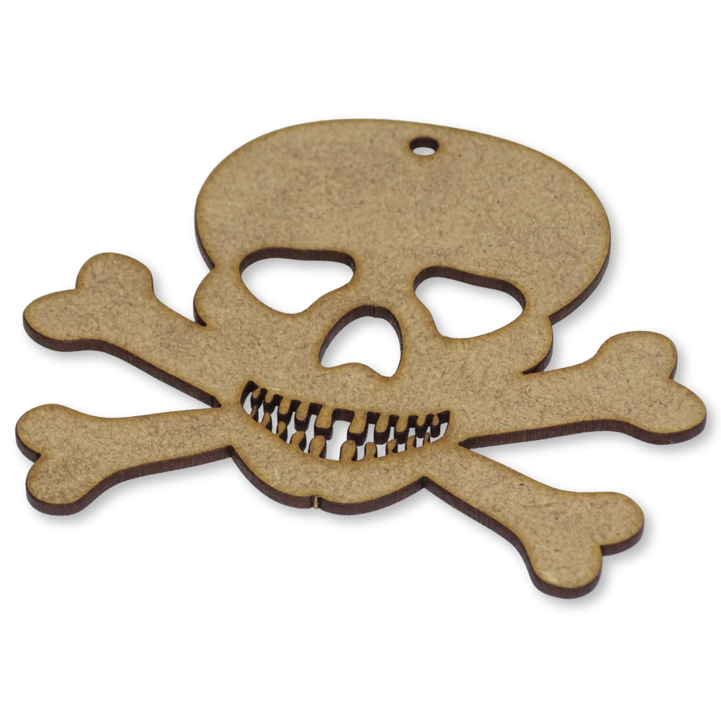Skull and crossed bones shape angled on a white background to show the thickness of the 2mm MDF.