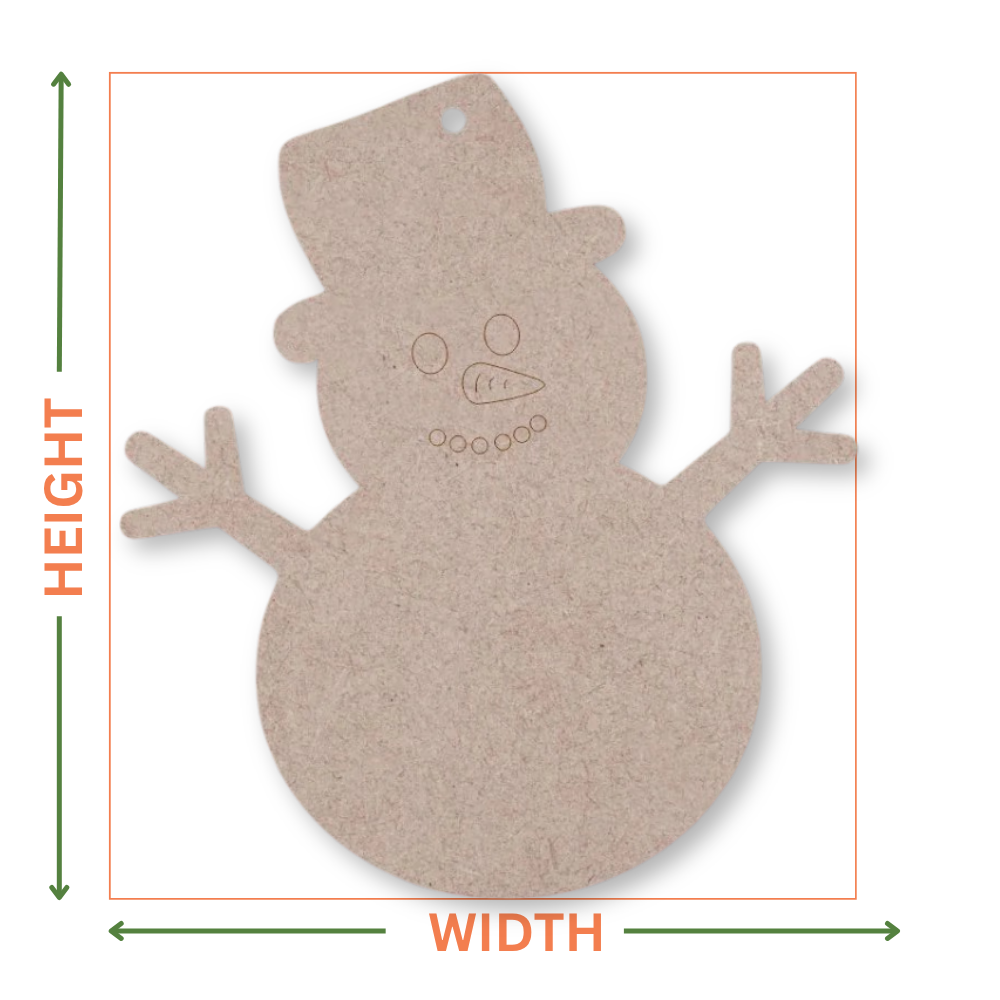 MDF snowman shape on a white background with arrows showing where the height and width measurements are taken from.