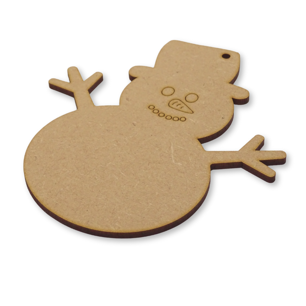 cut-out of a snowman shape. cut from 3mm mdf. Showing the etched face detail.