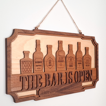 The Bar Is Open Wooden Sign — Home bar layered plaque