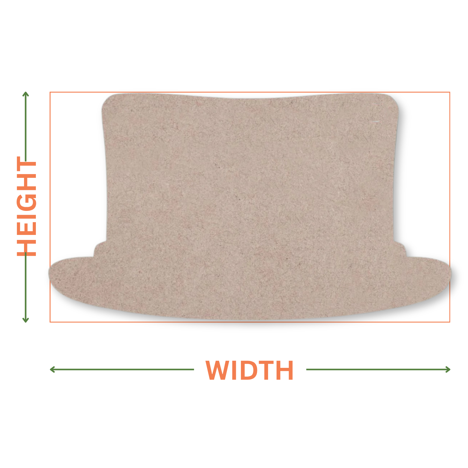 MDF top hat shape on a white background with arrows showing where the height and width measurements are taken from.