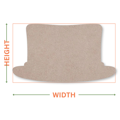 MDF top hat shape on a white background with arrows showing where the height and width measurements are taken from.