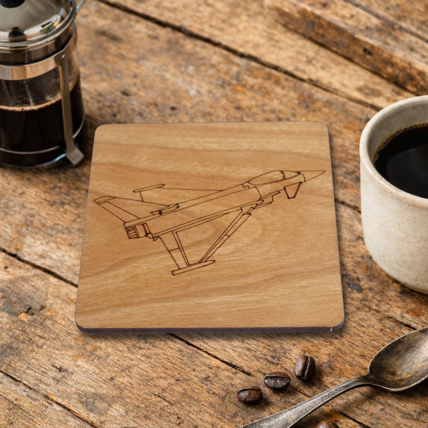 Typhoon Jet | Cherry Wood Coaster With Engraved Military Aircraft design