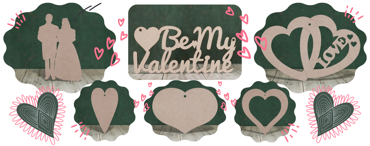 Slide showing a selection of mdf valentine craft shape on a white background