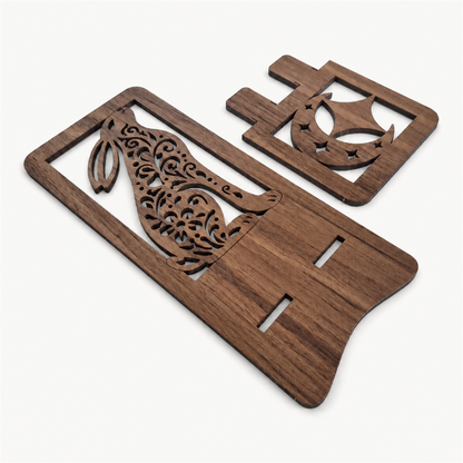 Moon Gazing Hare Phone Stand — Walnut Wooden Gift for Nature Lovers
