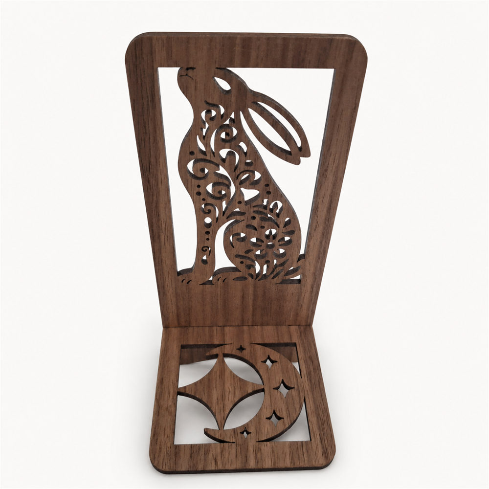Moon Gazing Hare Phone Stand — Walnut Wooden Gift for Nature Lovers