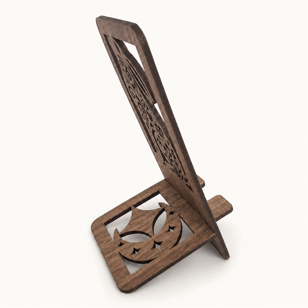 Moon Gazing Hare Phone Stand — Walnut Wooden Gift for Nature Lovers