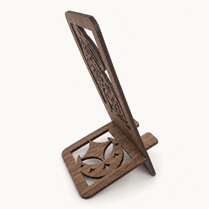 Moon Gazing Hare Phone Stand — Walnut Wooden Gift for Nature Lovers