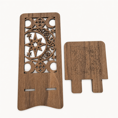 Moon and Star Filigree Walnut Phone Stand — Laser Cut Wooden Gift for Stargazers